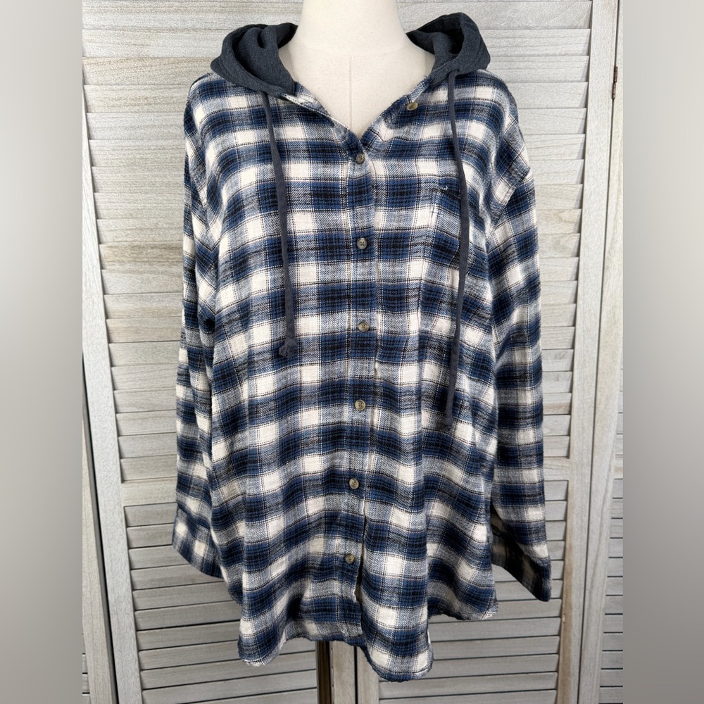 AMERICAN EAGLE OUTFITTERS Plaid Flannel Button Up w Hood Blue/White-XL